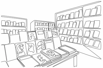 Poster - Continuous one line drawing the inside of the bookstore is full of shelves filled with books. Selling cheap and quality books. Independent Bookstore Day. Single line draw design vector illustration