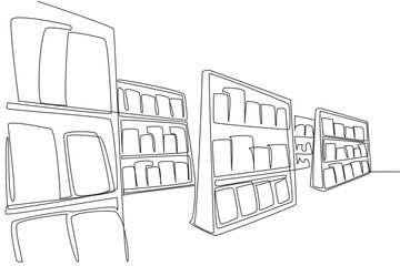 Poster - Single one line drawing the interior of the bookstore consists of several shelves. Premium bookstore. Complete number of books. Independent Bookstore Day. Continuous line design graphic illustration