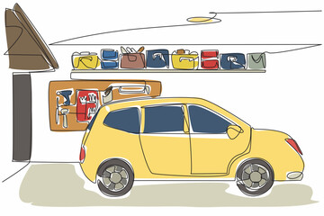 Poster - Single continuous line drawing the interior of the car garage and workshop equipment are attached to the wall. Owner preparedness. Organized. National Garage Day. One line design vector illustration