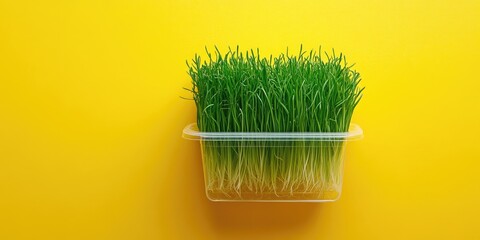 Vibrant yellow backdrop with freshly sprouted green grass in a clear plastic container positioned centrally creating ample space for text above