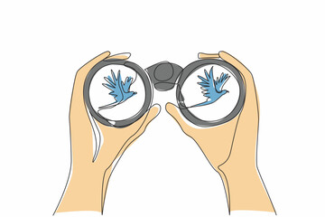 Poster - single one line drawing two hands holding binoculars watching flying birds. observing animal behavio