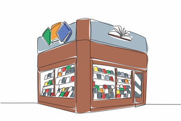 Poster - Single continuous line drawing bookstore located in corner of the building. An ancient building that sells many books. Historical place. Independent Bookstore Day. One line design vector illustration