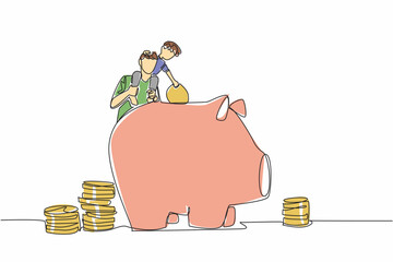 Poster - Single one line drawing father carries his son on his shoulders to teach the importance of saving. Financial planning. National Teach Children to Save Day. Continuous line design graphic illustration
