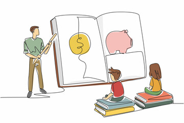 Poster - single continuous line drawing boy and girl sitting on a pile of books. teaching the importance of s
