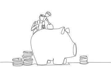 Poster - Single one line drawing father carries his son on his shoulders to teach the importance of saving. Financial planning. National Teach Children to Save Day. Continuous line design graphic illustration