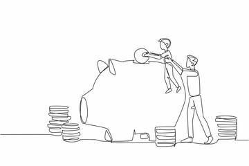 Poster - Single continuous line drawing father holding his son who wants to put big coins into the piggy bank. Teach in every condition. National Teach Children to Save Day. One line design vector illustration