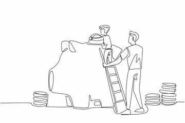 Poster - Single one line drawing boy climbs piggy bank using ladder and puts big coin into it. Get support to always save money. National Teach Children to Save Day. Continuous line design graphic illustration