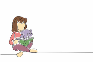 Poster - single one line drawing girl sitting crossed legs hugging elephant doll and reading story book. tell