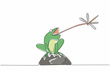 Poster - Continuous one line drawing frog sitting on a rock sticking out its tongue preying on a dragonfly. Minimal effort, full results. Food. Save The Frogs Day. Single line draw design vector illustration