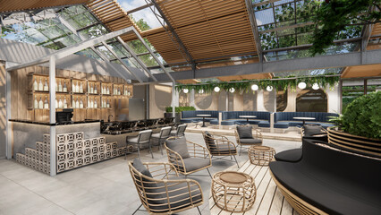 Wall Mural - Minimalist Industrial Cafe restaurant Design.3d rendering perspective.Isomatric view.