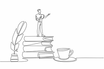 Poster - Continuous one line drawing a man reading poetry while holding a piece of paper. Classic style poetry artist. The poetic poet. Great Poetry Reading Day. Single line draw design vector illustration