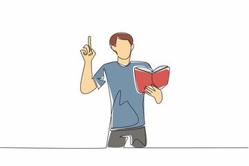 Poster - Single one line drawing a man standing reading a book or poem in an attractive pose. Practice before the performance. Gesture. Great Poetry Reading Day. Continuous line design graphic illustration
