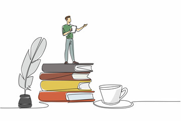 Poster - Continuous one line drawing a man reading poetry while holding a piece of paper. Classic style poetry artist. The poetic poet. Great Poetry Reading Day. Single line draw design vector illustration
