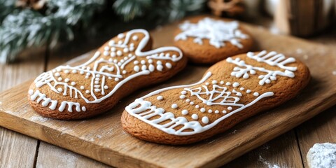 Gingerbread mittens with white icing on wooden board surrounded by festive greenery and ornaments in warm brown and white tones