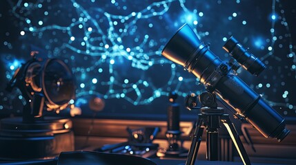 Wall Mural - a sparkling astronomy setup with telescopes and constellation maps