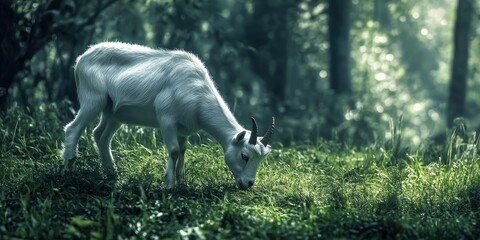 Wall Mural - White goat grazing on lush green grass, soft sunlight filtering through dense forest trees, creating a serene natural setting.