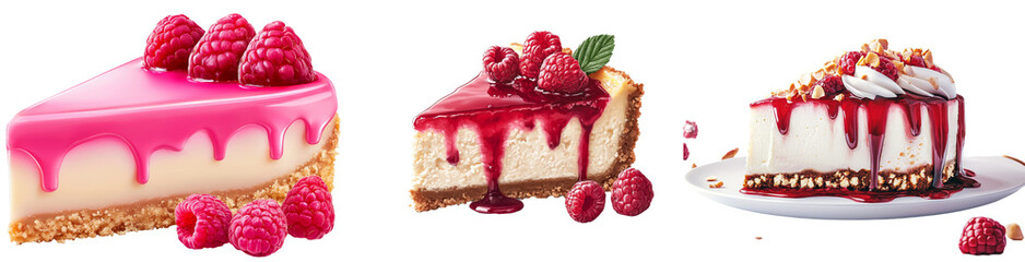 Poster - Raspberry-topped cheesecake piece, set on a clear background