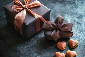 A beautifully wrapped Valentine's gift box topped with an elegant bow sits next to small heart-shaped cookies, creating a romantic and festive display perfect for celebrating love