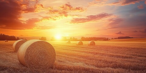 Wall Mural - Golden hay bales positioned in a vast field under a vibrant sunset sky with hues of orange and pink creating a serene landscape for text.