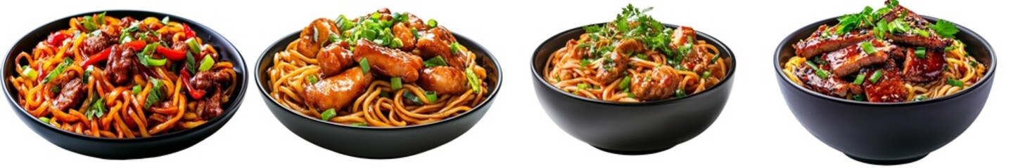 Poster - Isolated in a clear background, noodles with beef served in a black bowl