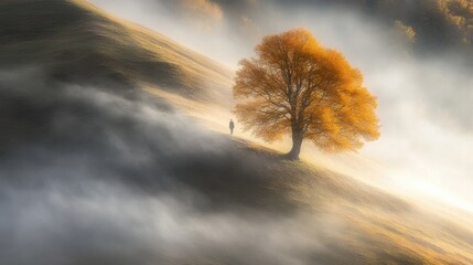 Wall Mural - Majestic Autumn Tree Surrounded by Fog in Tranquil Landscape