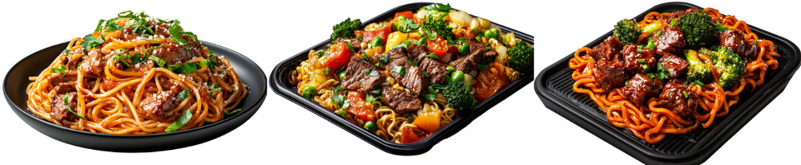 Poster - Noodles with beef on a black plate, isolated on a transparent background
