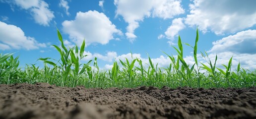 Wall Mural - Young plants in field under blue sky; agriculture