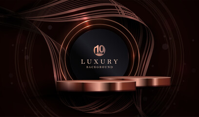 Wall Mural - Composition with a podium and a round frame in copper and gold colors with wavy ribbons.