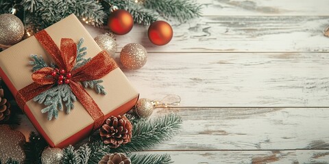 Gift box with red ribbon on white wooden surface surrounded by Christmas ornaments pinecones and greenery in warm holiday colors overhead view