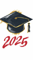 Wall Mural - graduation cap icon for the class of 2025 with black and gold design on a white gradient background