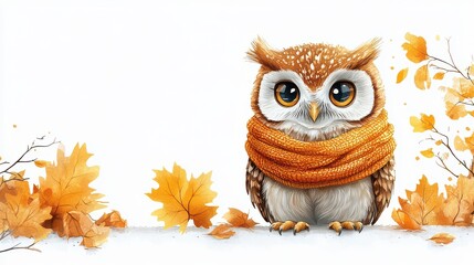 Wall Mural - Cute owl wearing a scarf amidst autumn leaves.