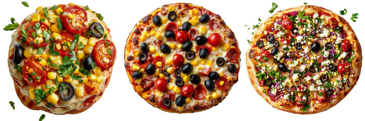 Poster - Top view of a vegan pizza with tomatoes and olives, presented on a transparent background