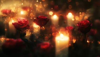 Poster - Enchanted Garden of Red Roses and Candlelight