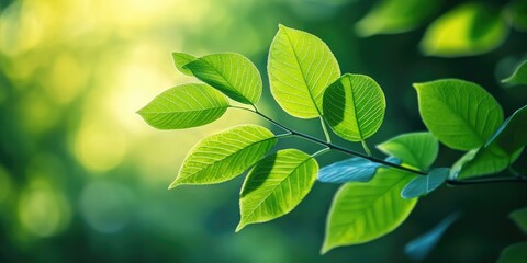 Sticker - Lush green leaf branch with vibrant textures against a soft blurred green background, showcasing detailed leaf patterns and sunlight shimmer.