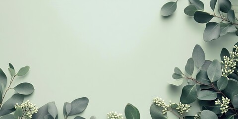 Sticker - Green floral backdrop with soft pastel green background featuring lush eucalyptus leaves and white flowers arranged in corners for copy space