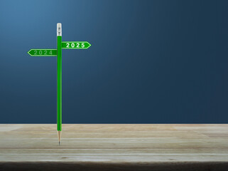 Wall Mural - 2025 and 2024 direction sign plate with green pencil on wooden table over light blue wall, Business happy new year 2025 planning and strategy concept