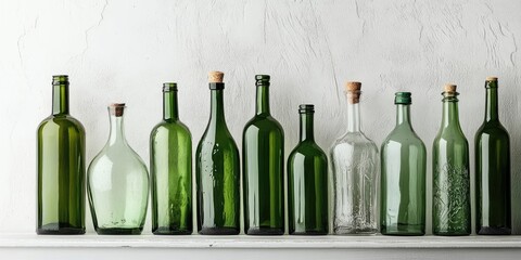 Wall Mural - Green glass bottles of various shapes and sizes arranged neatly on a white shelf against a textured white wall creating a minimalist aesthetic.