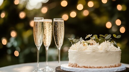 Wall Mural - A sparkling outdoor anniversary celebration with champagne glasses and a cake