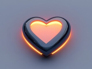 Poster - Glowing Chrome Heart Symbol. 3D Rendered Abstract Heart Shape with Warm Orange Inner Glow. Minimalist Design for Love, Romance and Valentine's Day.