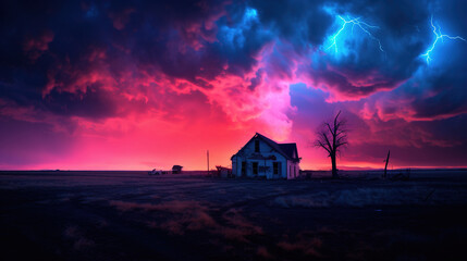 Poster - Dramatic Sunset over Abandoned Farmhouse with Lightning