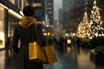 Woman with shopping bags on a city street decorated with holiday lights during winter evening. Holiday shopping and urban lifestyle.