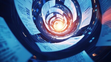 Poster - A visually striking spiral of documents and data, converging towards a bright center, symbolizing information flow and digital exploration.