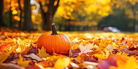 Wall Mural - Autumn scene featuring a vibrant orange pumpkin centered on a bed of colorful fallen leaves in warm shades of yellow and orange under soft sunlight