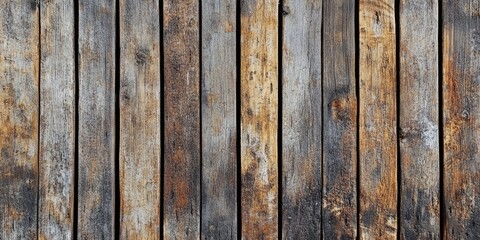 Wall Mural - Rustic wooden planks with an abstract texture in varying shades of brown and gray positioned horizontally against a weathered backdrop