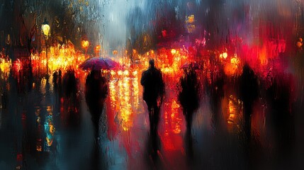 City Rain at Night with Colorful Lights and Umbrella Walkers