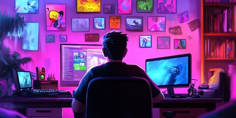 Wall Mural - internet concept with man on multiple devices and screens 