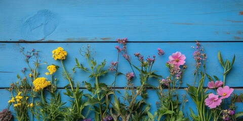 Sticker - Colorful herbal flowers in various hues arranged along the bottom of a vibrant blue wooden table creating a fresh, natural aesthetic.