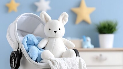 Adorable Plush Bunny in Baby Stroller in Pastel Nursery