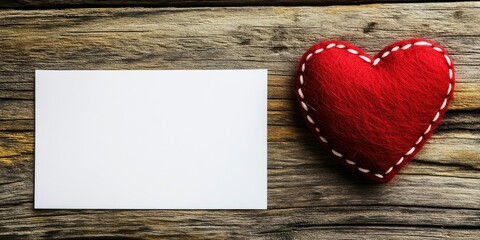 Handmade red felt heart with white paper on textured wooden table representing love and affection with copy space for St Valentine and Womens Day