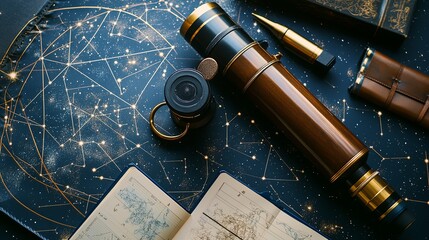 Wall Mural - a tidy star-gazing kit with a telescope, star charts, and notebooks